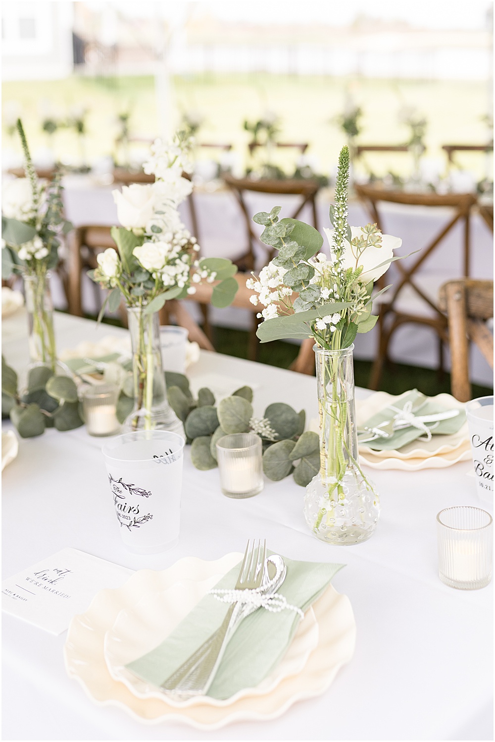 White and sage table decor from at-home, brunch wedding in Westfield, Indiana