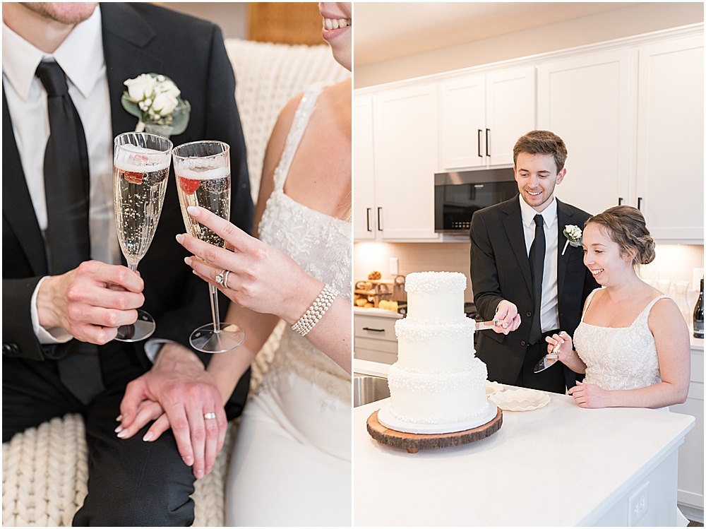 Bride and groom cheering glasses and cutting cake during at-home, brunch wedding in Westfield, Indiana