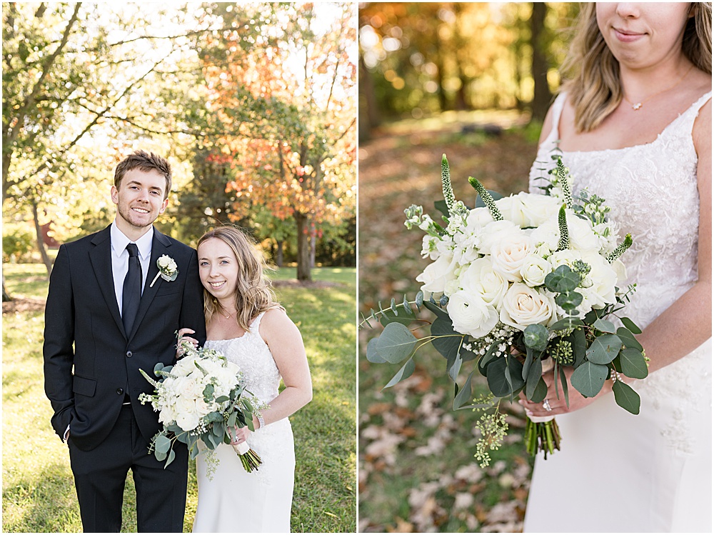 Bride, groom, and white bouquet with greenery during wedding photos at Coxhall Gardens in Carmel, Indiana