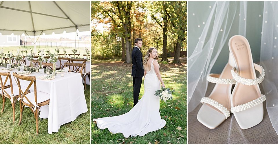Bride, groom, and decor from at-home, brunch wedding in Westfield, Indiana