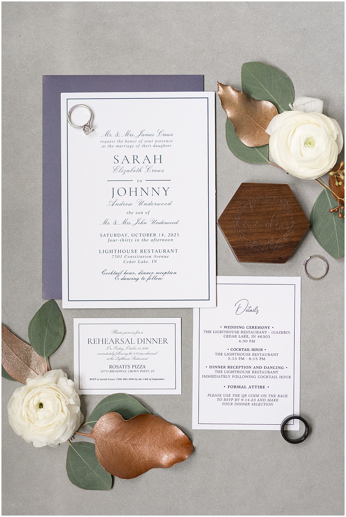Invitation suite for Lighthouse Restaurant wedding in Cedar Lake, Indiana