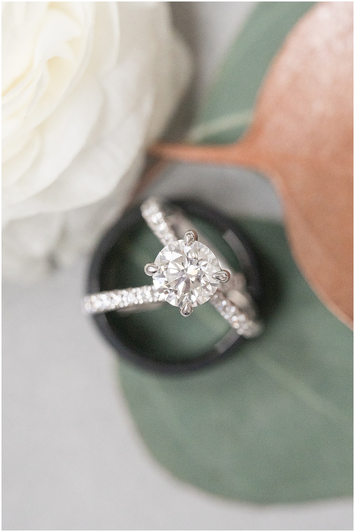 Close up of engagement ring at Lighthouse Restaurant wedding in Cedar Lake, Indiana