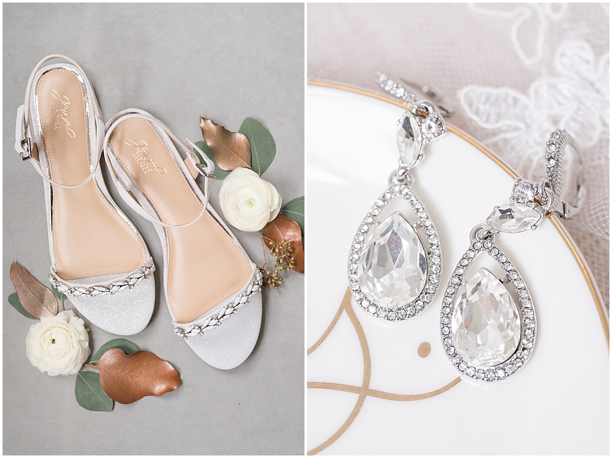 Silver wedding shoes and jewelry for Lighthouse Restaurant wedding in Cedar Lake, Indiana