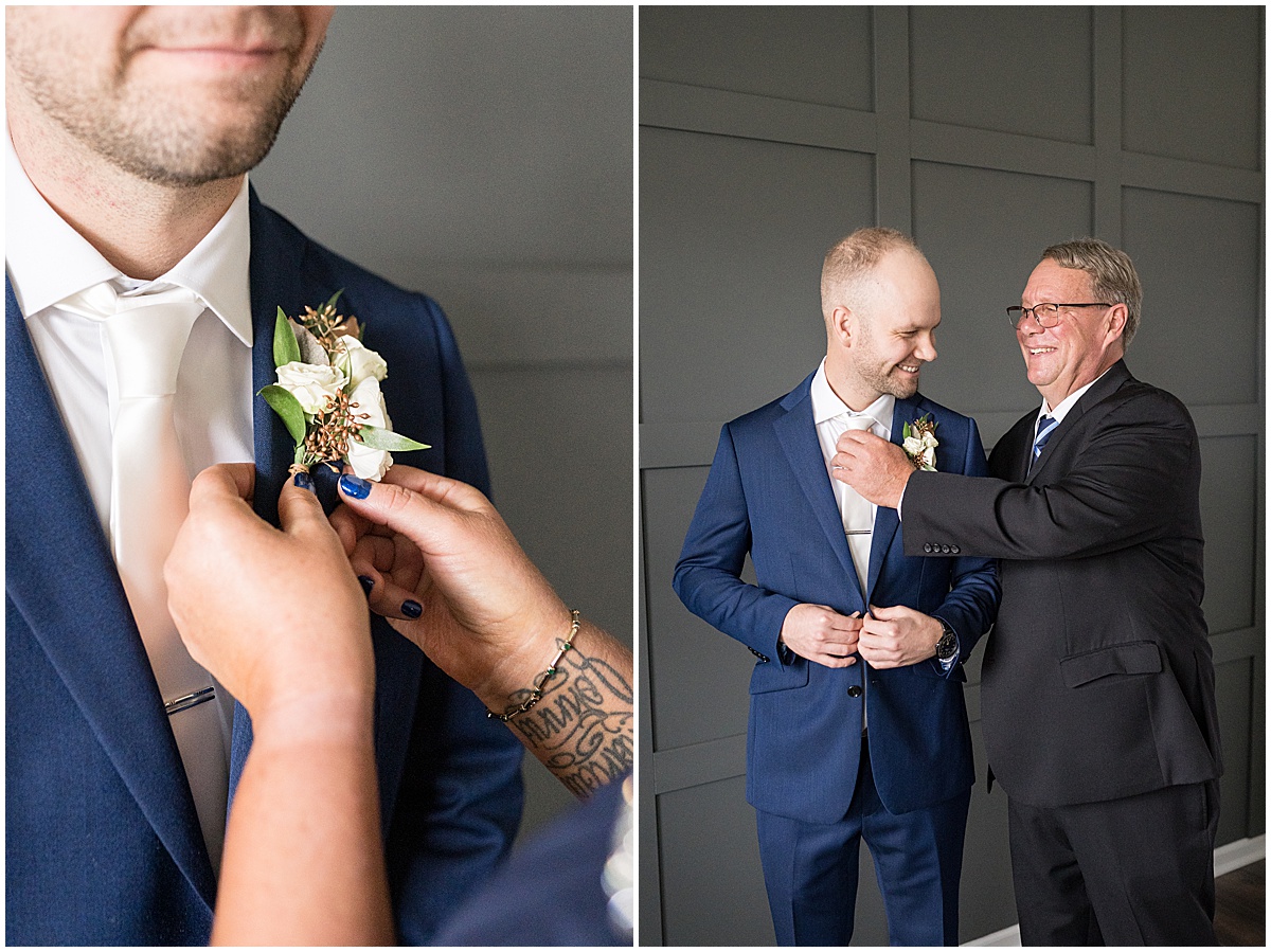 Father helps groom get ready for Lighthouse Restaurant wedding in Cedar Lake, Indiana