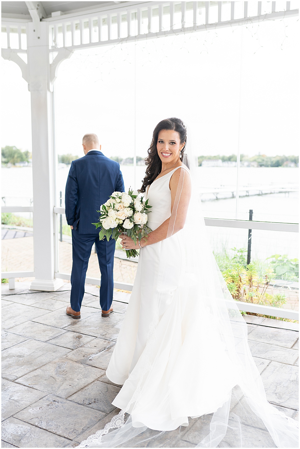Bride before first look at Lighthouse Restaurant wedding in Cedar Lake, Indiana