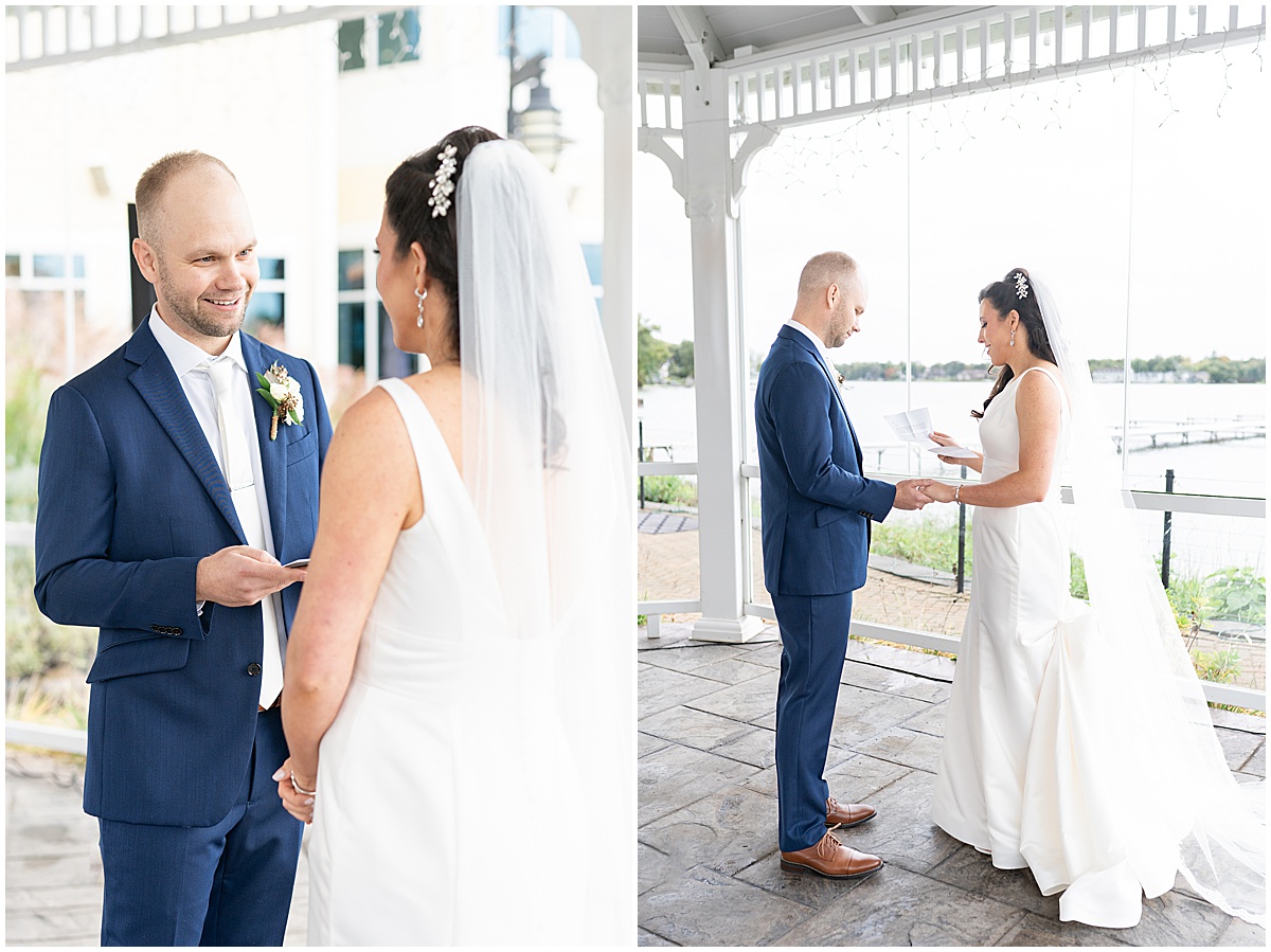 Bride and groom read personal vows at Lighthouse Restaurant wedding in Cedar Lake, Indiana