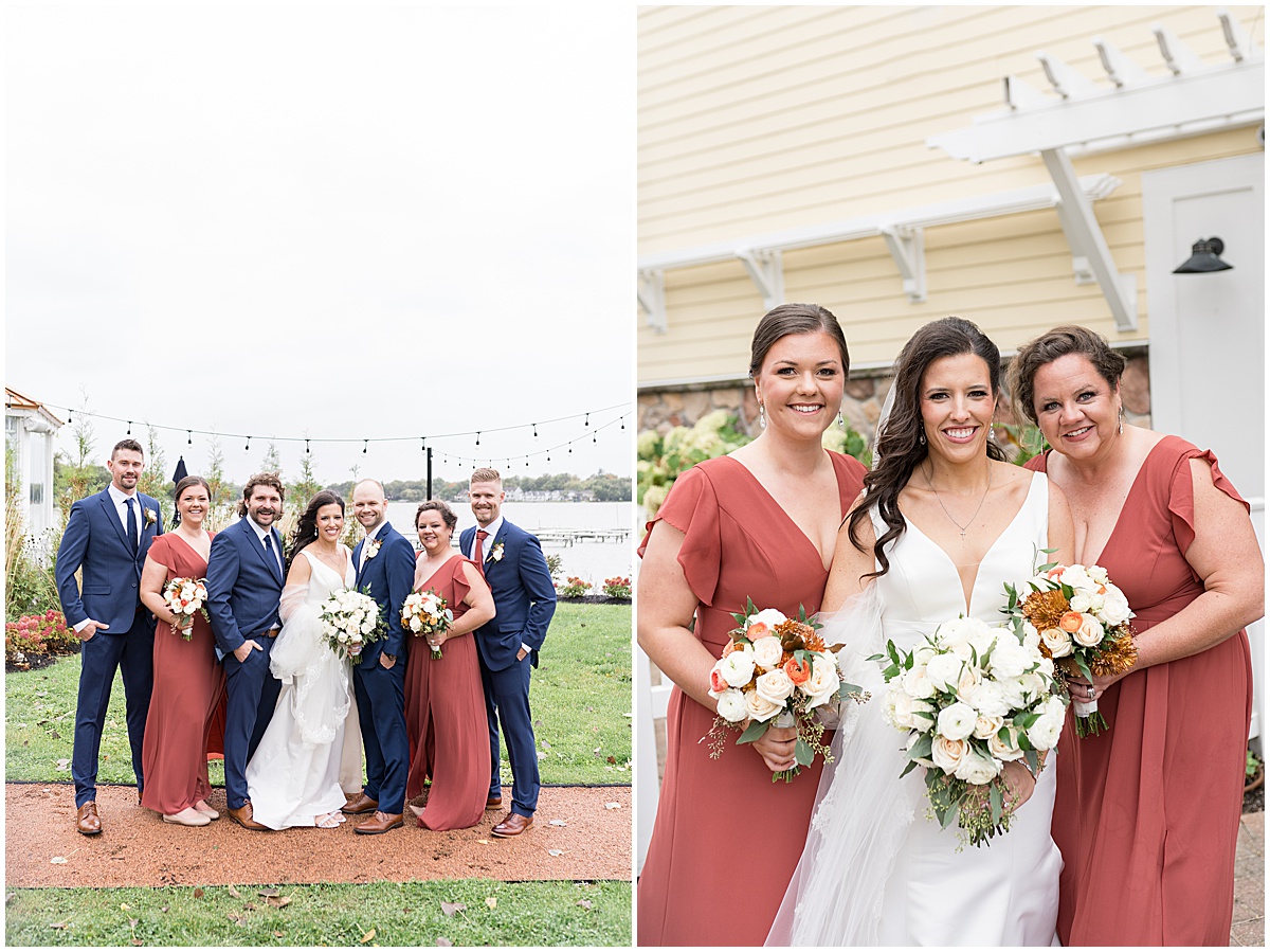Full bridal party by lake at Lighthouse Restaurant wedding in Cedar Lake, Indiana