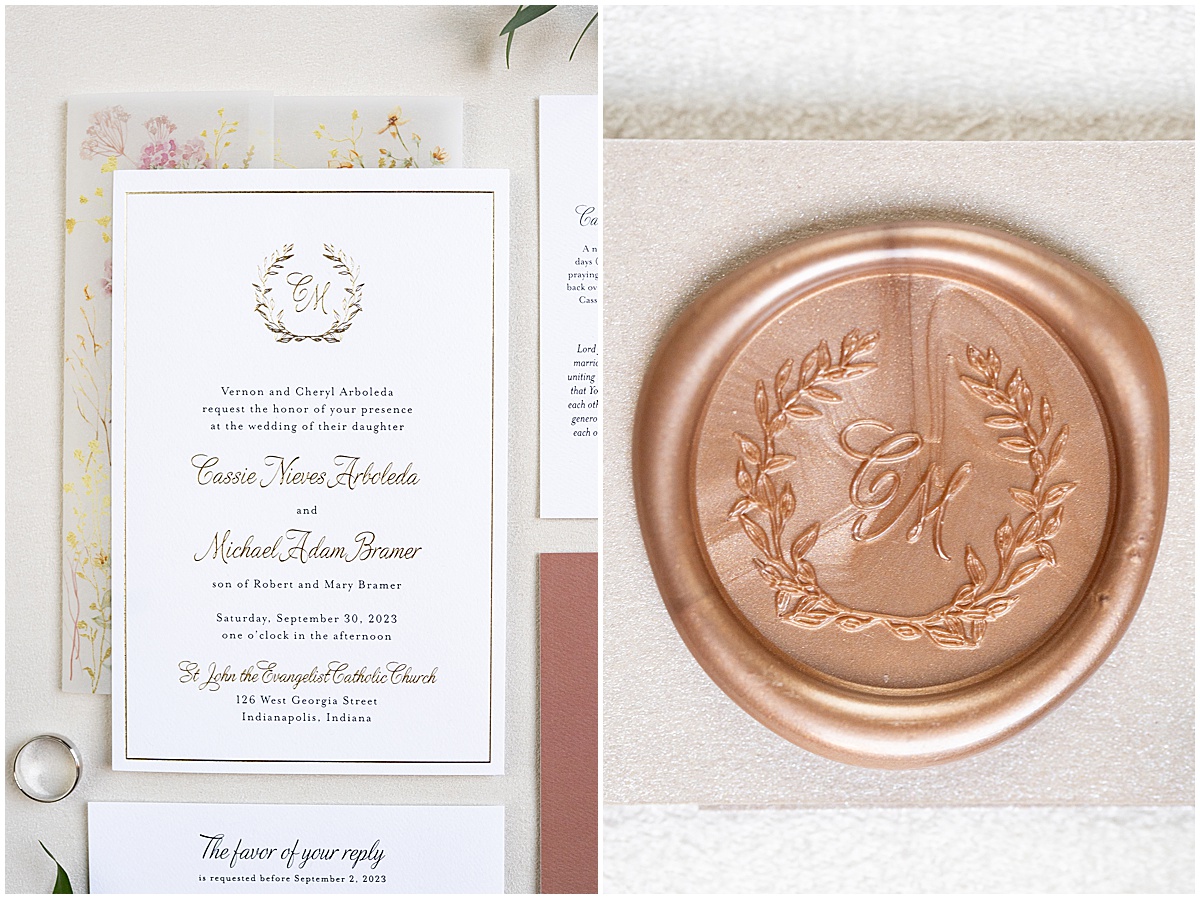 Gold invitation suite for Union Station Illinois Street Ballroom wedding in downtown Indianapolis