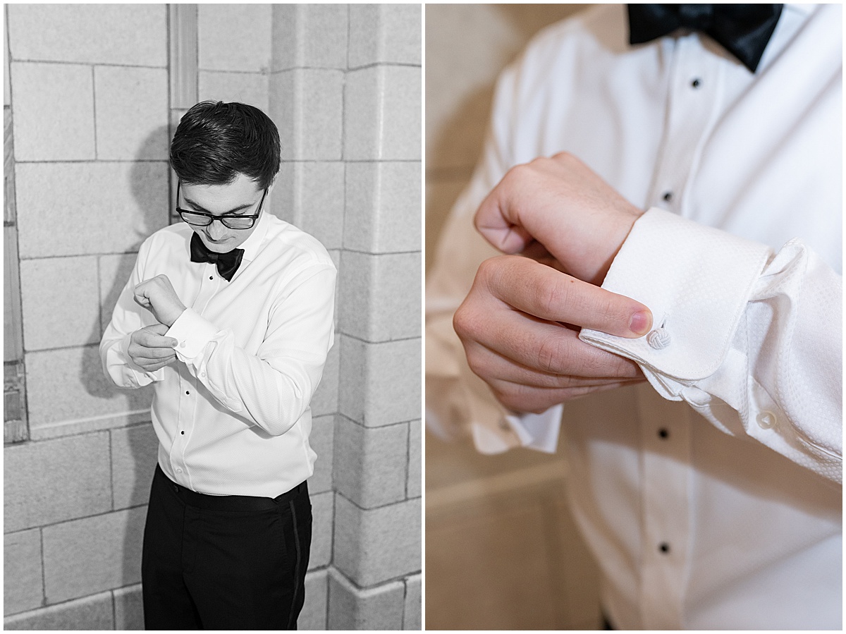Groom putting on cufflinks at Union Station Illinois Street Ballroom wedding in downtown Indianapolis