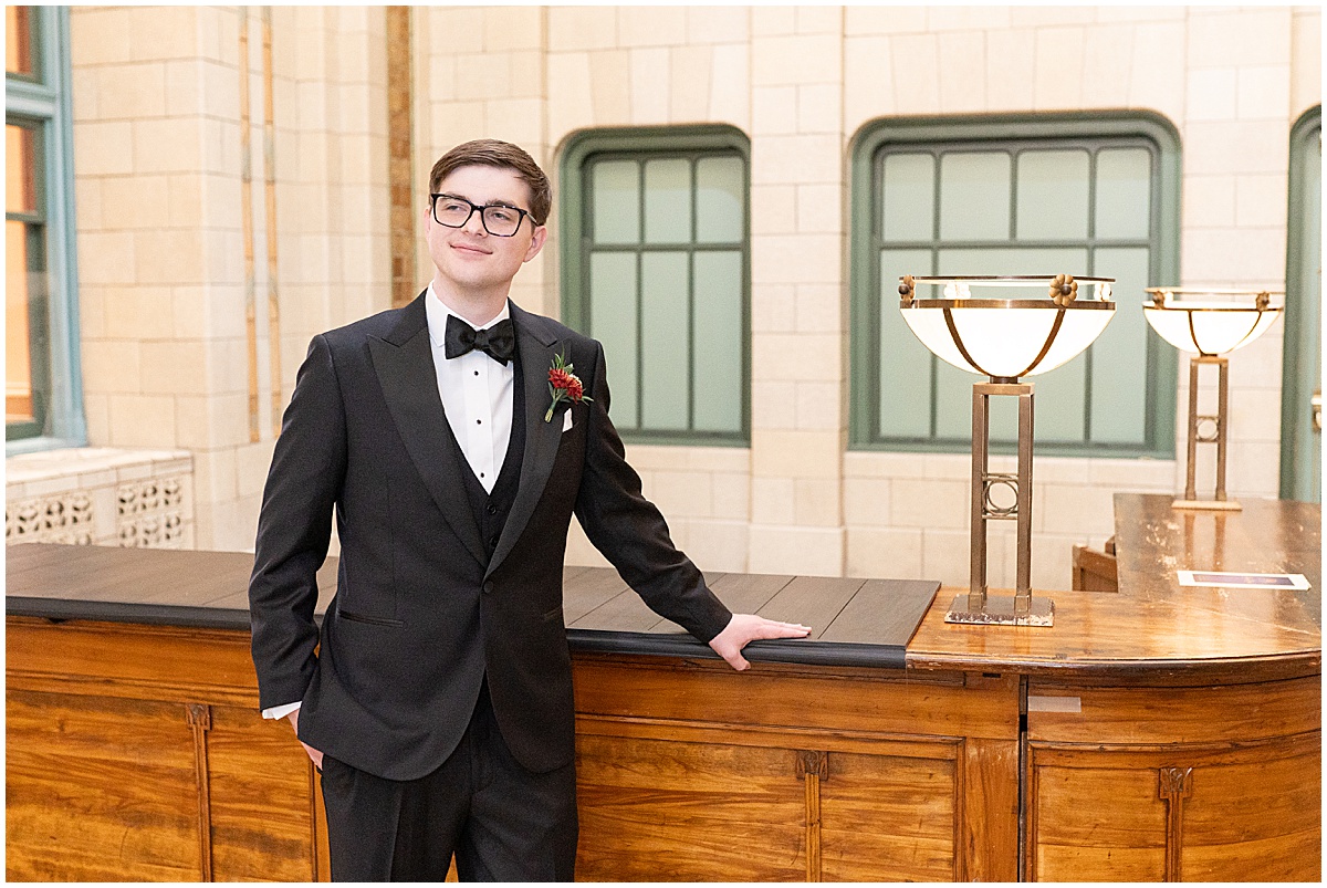 Groom in black tux for Union Station Illinois Street Ballroom wedding in downtown Indianapolis