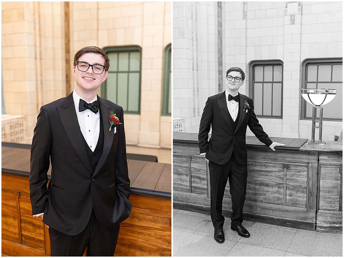 Groom portraits for Union Station Illinois Street Ballroom wedding in downtown Indianapolis