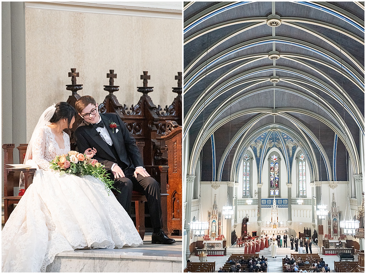 Bride and groom get close during wedding at Saint John the Evangelist Church in downtown Indianapolis